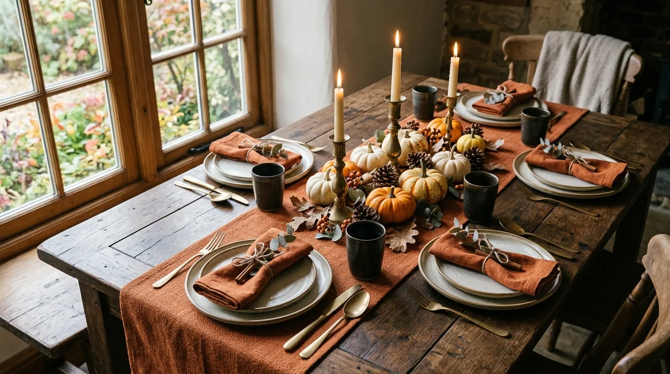 Use candles to create the right autumn glow inspiration for a fall dining table.